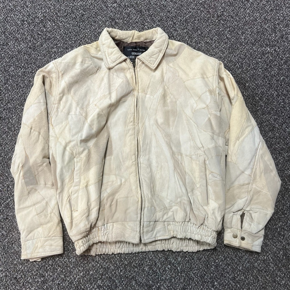 Vintage 1990s Tan Leather Jacket Patchwork Stone Rare Zip Up Suede Size 2xl